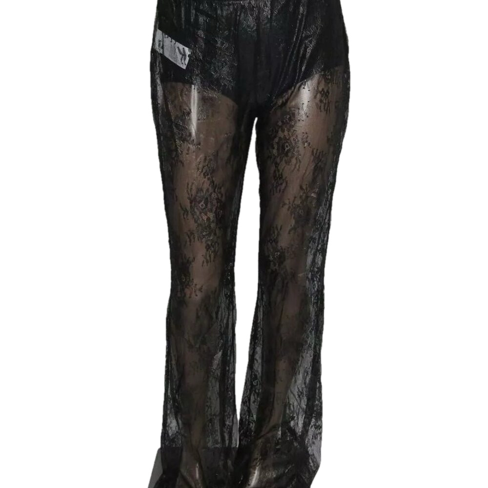 NEW PINKO Womens Pant Black Size L  Lace Flare Floral Embroidered Sheer